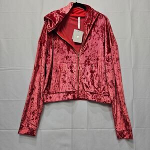 Fabletics Crushed Velour Full Zip Strawberry Red Crop Jacket Size Large